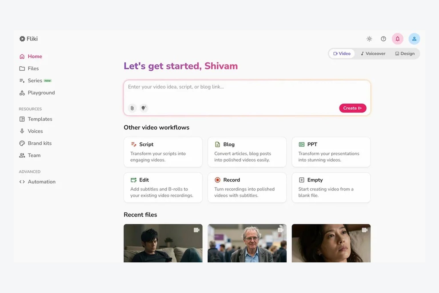 Offizielle Fliki-V5-Oberfläche mit Ideenfeld und Video-Workflows
